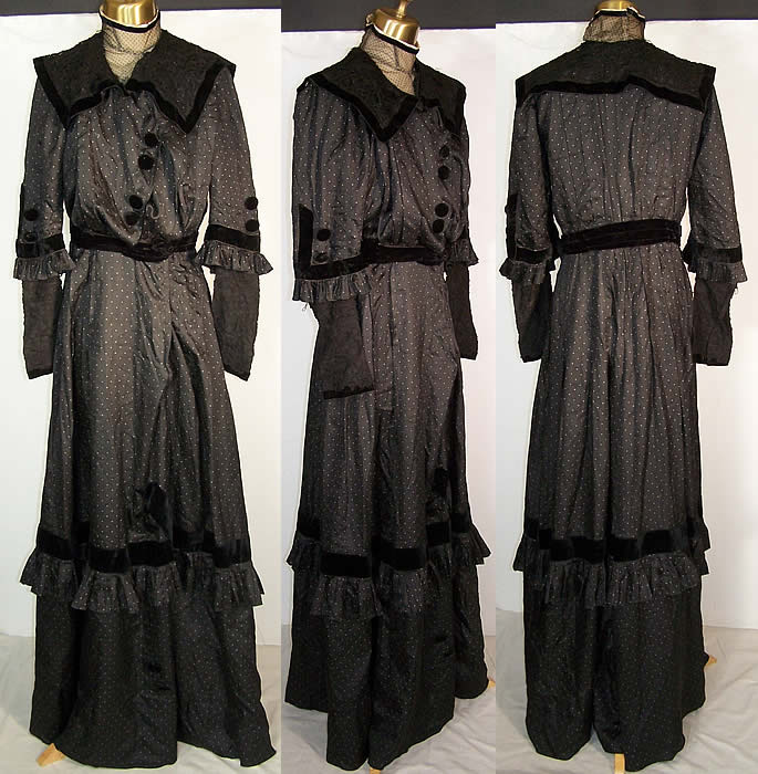  Edwardian Black Silk White Polka Dot Gown Dress Front view.
