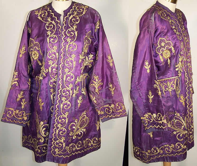 Ottoman Turkish Gold Embroidered Purple Silk Jacket Front view.