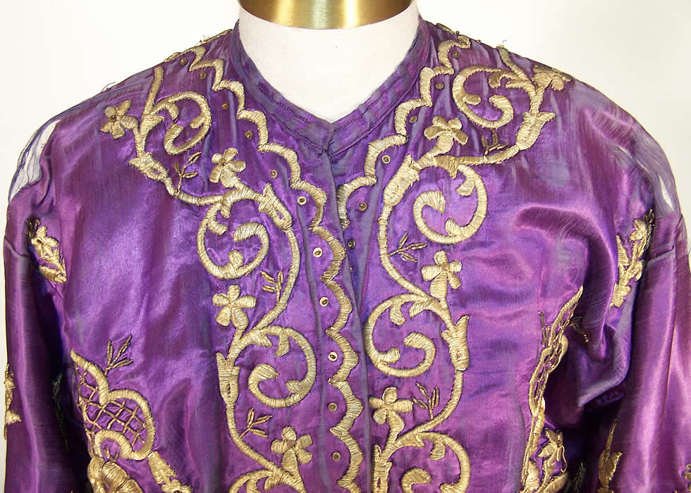 Ottoman Turkish Gold Embroidered Purple Silk Jacket Close-up View.