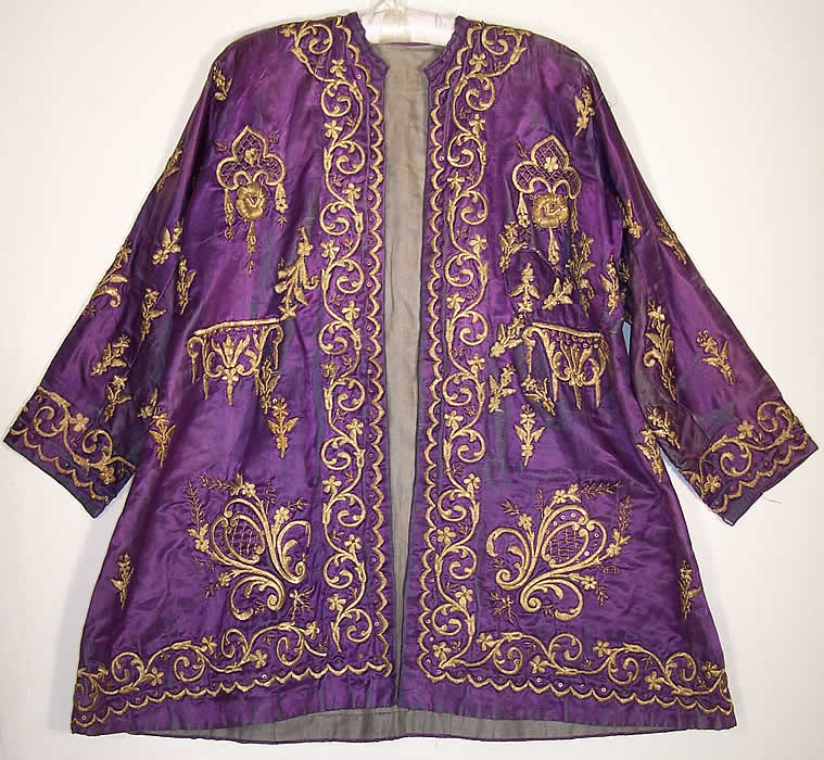 Ottoman Turkish Gold Embroidered Purple Silk Jacket Close up.