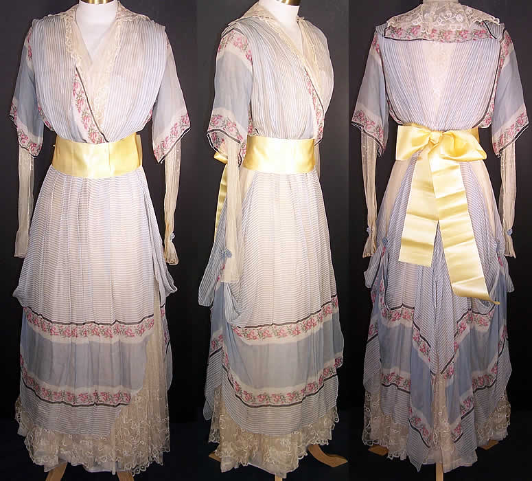 Edwardian Titanic Blue Silk Chiffon Roses Tea Gown Dress Front view.