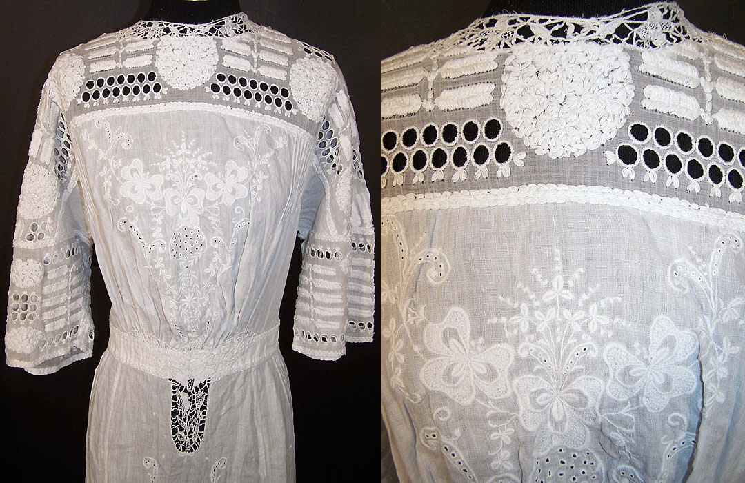 Edwardian White Linen Embroidered Eyelet Lace Dress Front Close-up View.