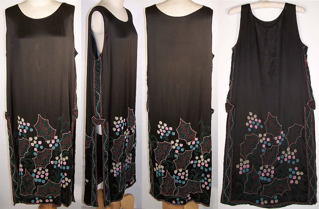 Art Deco Black Silk Holly Berry Beaded Flapper Dress   Front view.