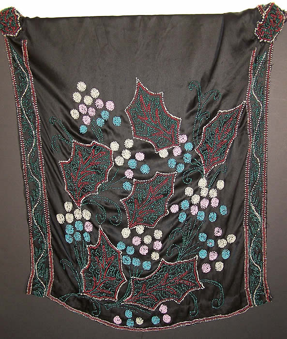 Art Deco Black Silk Holly Berry Beaded Flapper Dress close-up View.