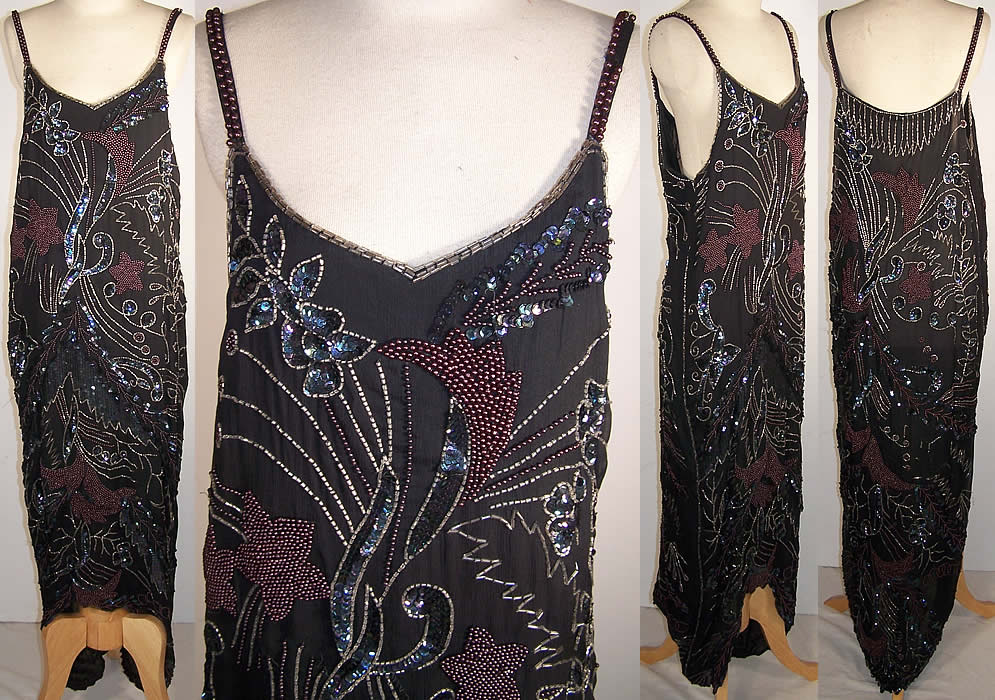  Vintage Le Mieux Silk Beaded Flapper Dress Evening Gown Front view.