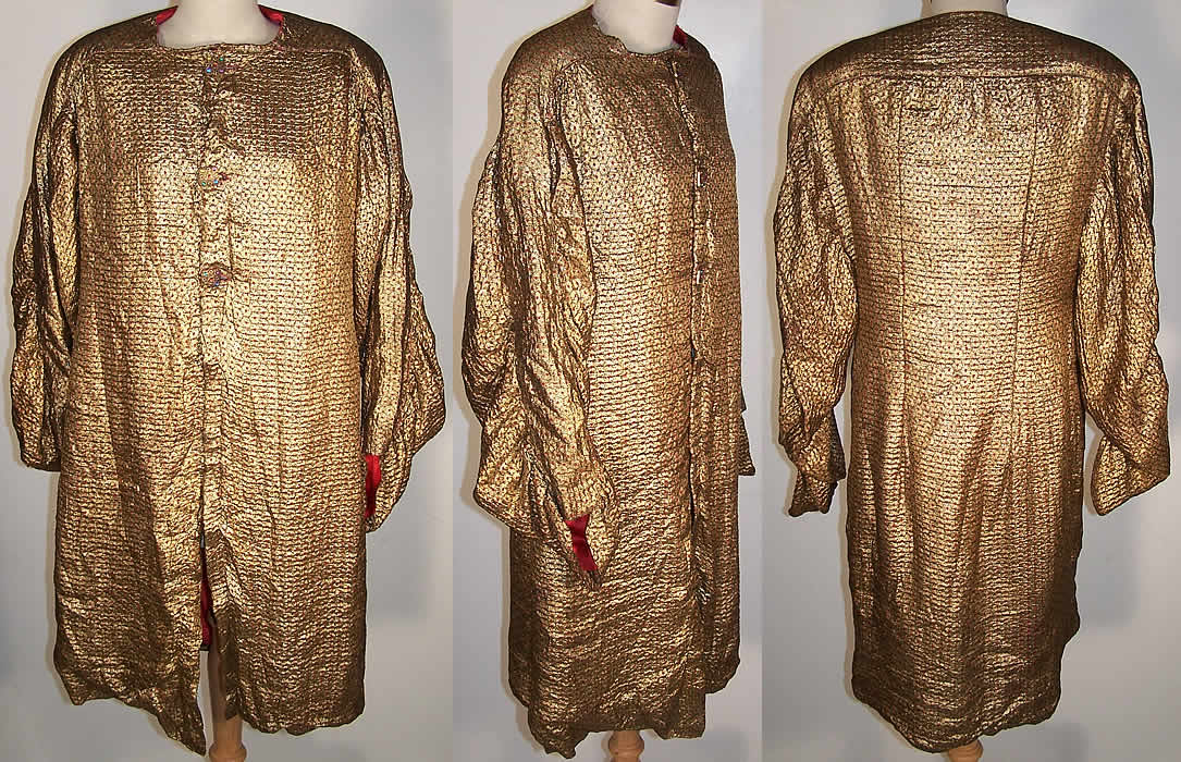 Art Deco Gold Lamé Red Dot Evening Coat Jacket Front view.