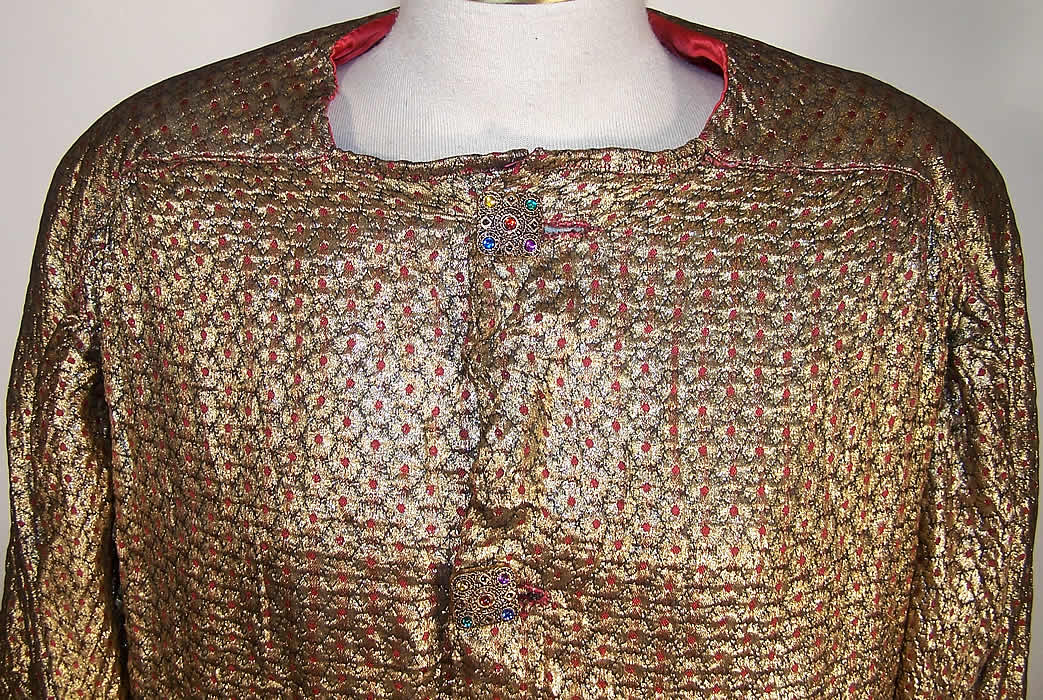 Art Deco Gold Lamé Red Dot Evening Coat Jacket Close-up View.