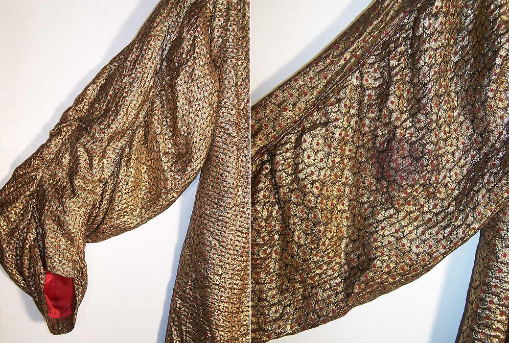 Art Deco Gold Lam&eacute; Red Dot Evening Coat Jacket side arm view.