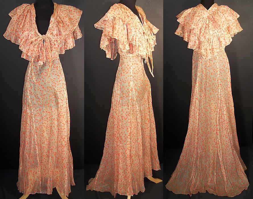 Organdy Orange Daisy Shawl Collar Bias Cut Dress Front view.