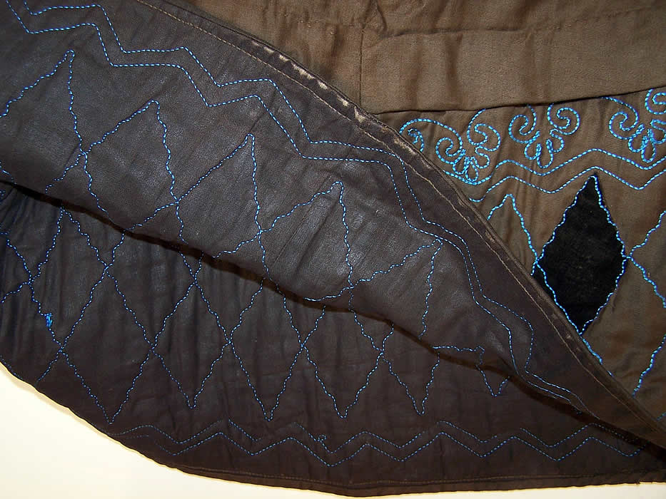 Victorian Brown Cotton Blue Quilted Velvet Petticoat Skirt close-up view.