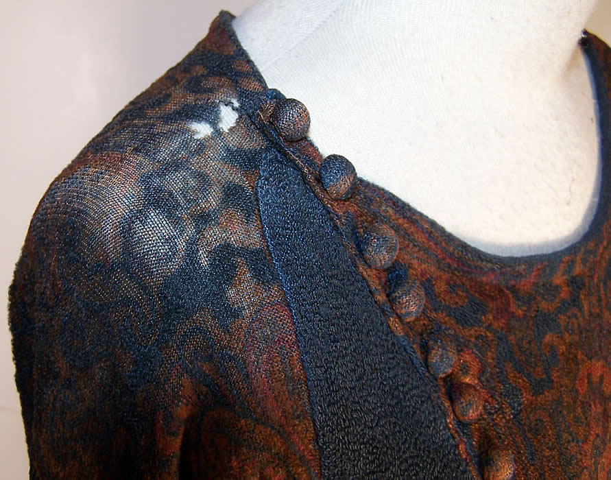 Art Deco Blue Paisley Wool Drop Waist Dress  side view.