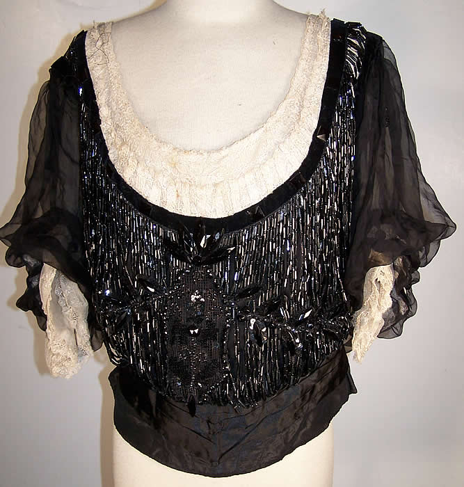 Victorian Black Jet Beaded Strand Fringe Ball Gown Bodice Front view.