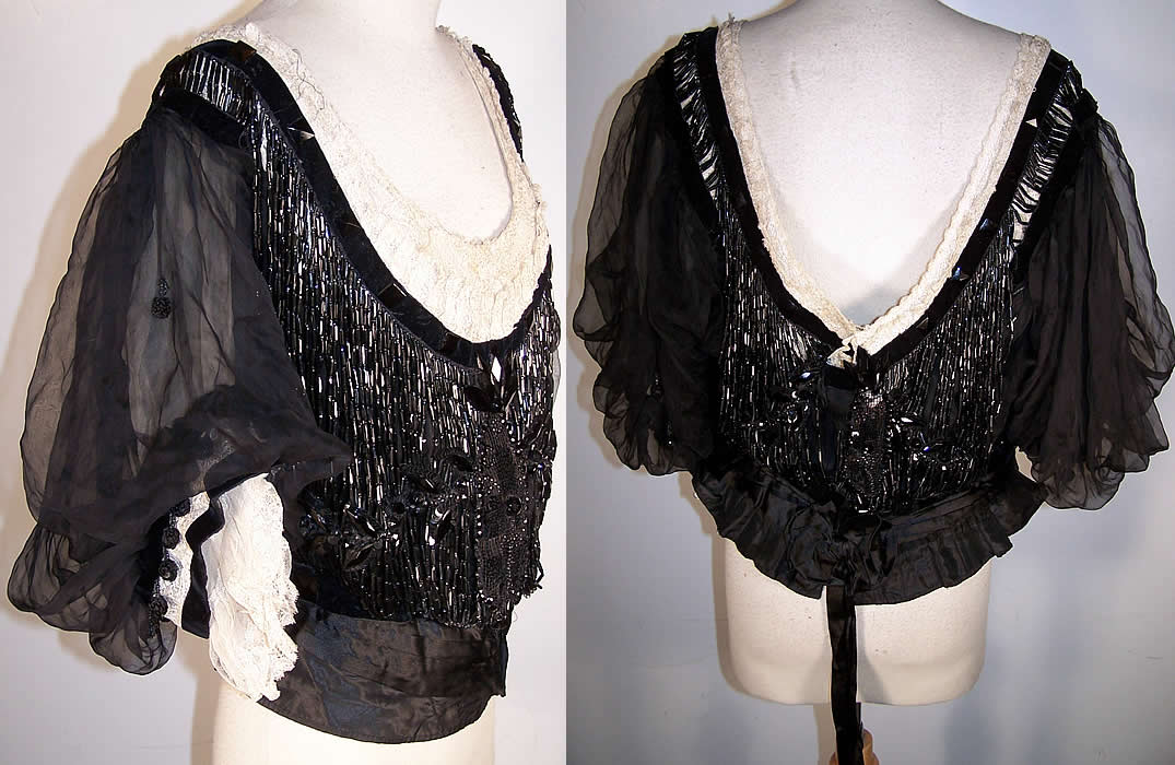 Victorian Black Jet Beaded Strand Fringe Ball Gown Bodice Back View.