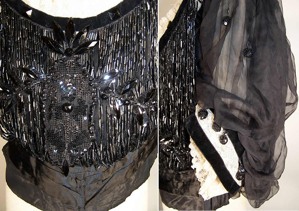 Victorian Black Jet Beaded Strand Fringe Ball Gown Bodice close-up view