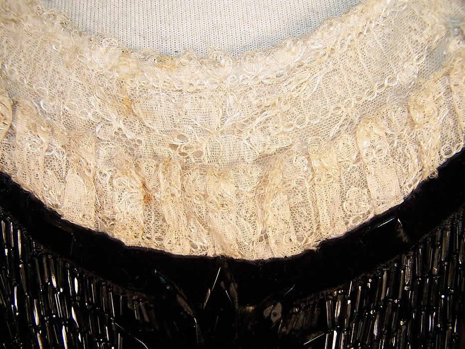 Victorian Black Jet Beaded Strand Fringe Ball Gown Bodice  Close up.