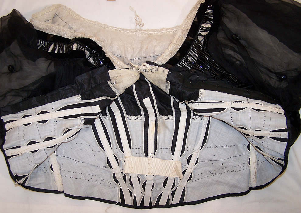 Victorian Black Jet Beaded Strand Fringe Ball Gown Bodice inside view
