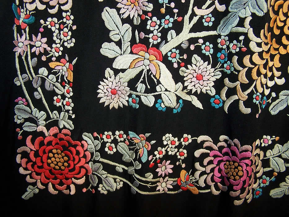 Antique Embroidered Floral Butterfly Canton Piano Shawl close-up