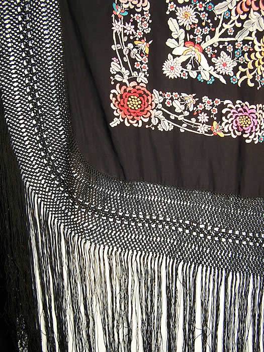  Antique Embroidered Floral Butterfly Canton Piano Shawl Close up.