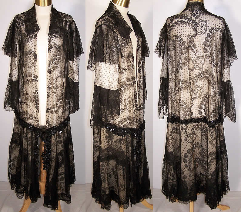 Edwardian Black Chantilly Lace Robe Dressing Gown Front view.