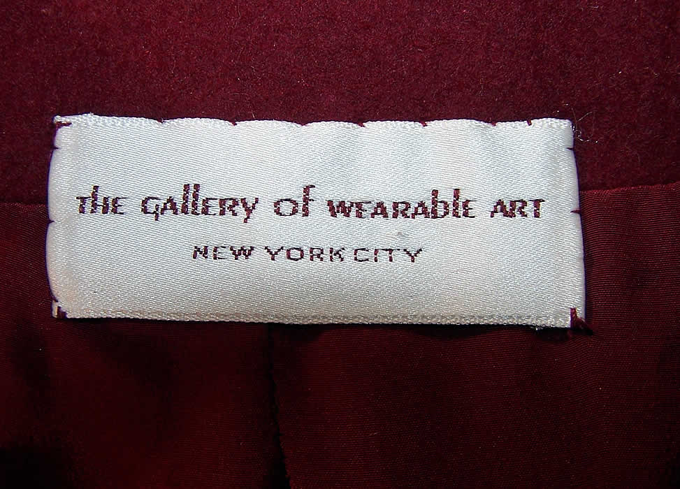 The Gallery of Wearable Art Burgundy Wool Embroidered Coat Close up.