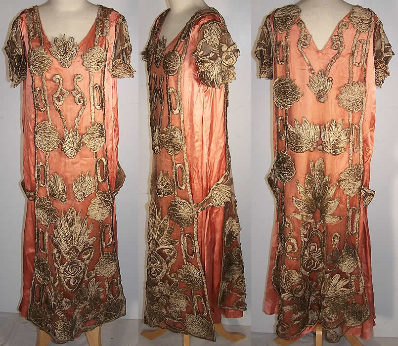 Gold Metallic Mesh Embroidered Tunic Drop Waist Dress  Front view.