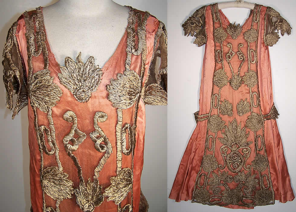 Gold Metallic Mesh Embroidered Tunic Drop Waist Dress front View.
