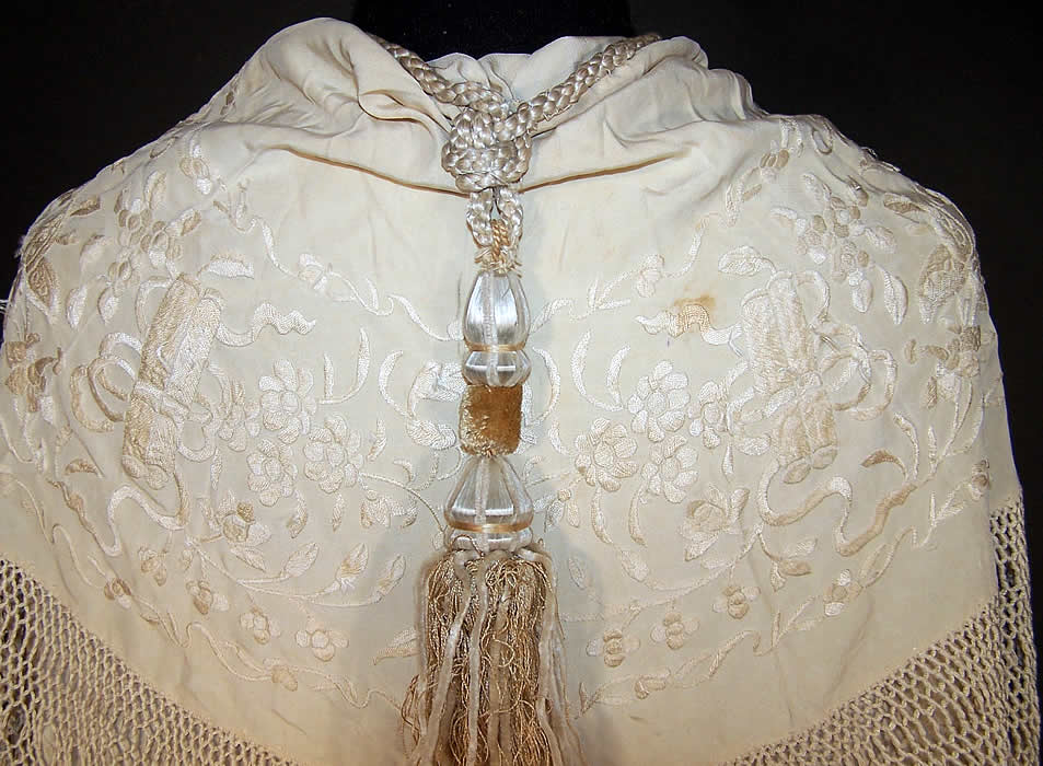 Antique White Silk Embroidered Tassel Wedding Shawl Cloak Cape Back View.