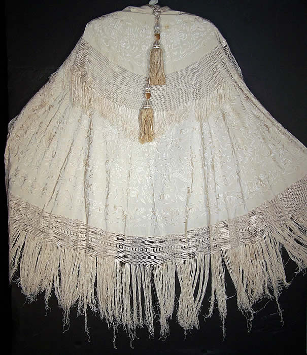 Antique White Silk Embroidered Tassel Wedding Shawl Cloak Cape back view