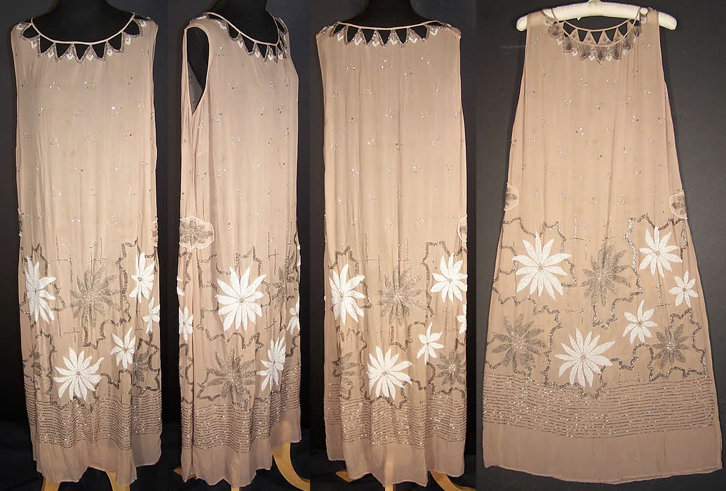 Ecru Silk Rhinestone Beaded Drop Waist Flapper Dress Front view.