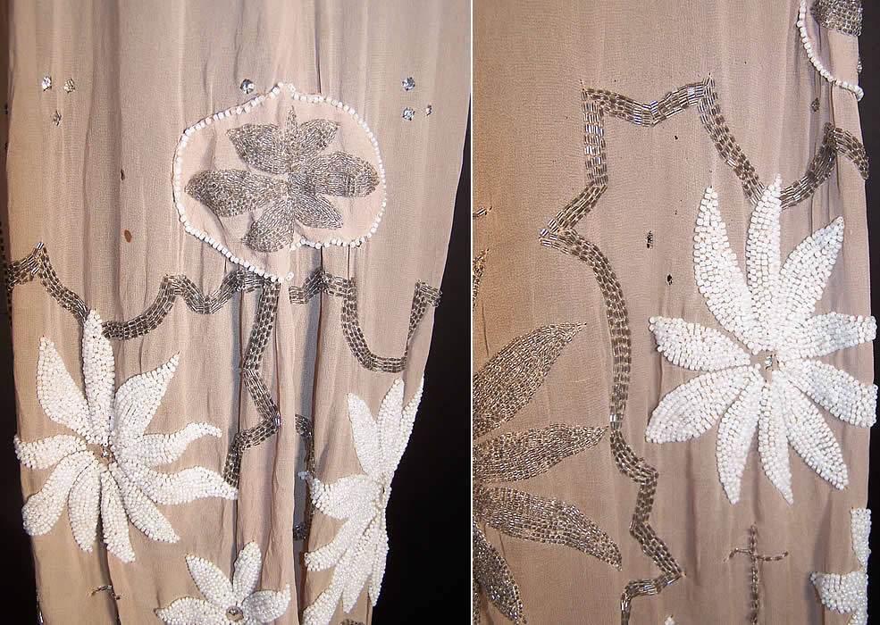 Ecru Silk Rhinestone Beaded Drop Waist Flapper Dress  side view.
