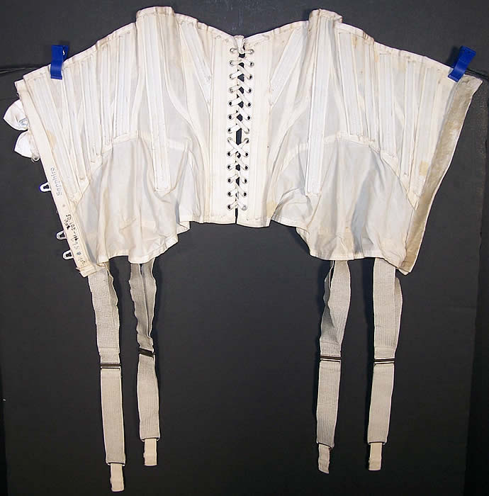 Victorian French Sapphire White Lace Coutil Corset Garters Close up.