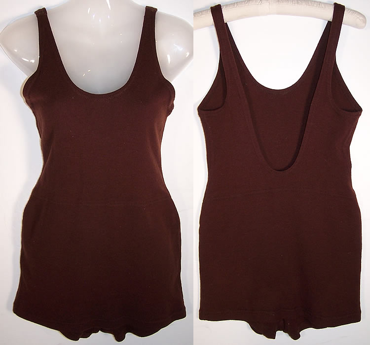 Vintage Ladies Brown Wool Knit Bathing Swimsuit Front view.
