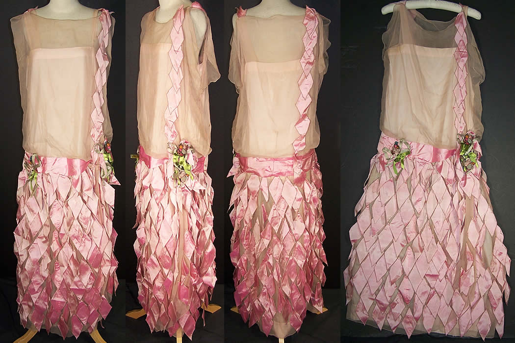 Pink Silk Petal Floral Rosette Drop Waist Flapper Dress   Front view.