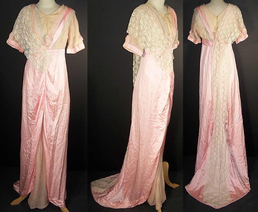 Edwardian Titanic Pink Silk Lace Train Skirt Gown Dress  Front view.