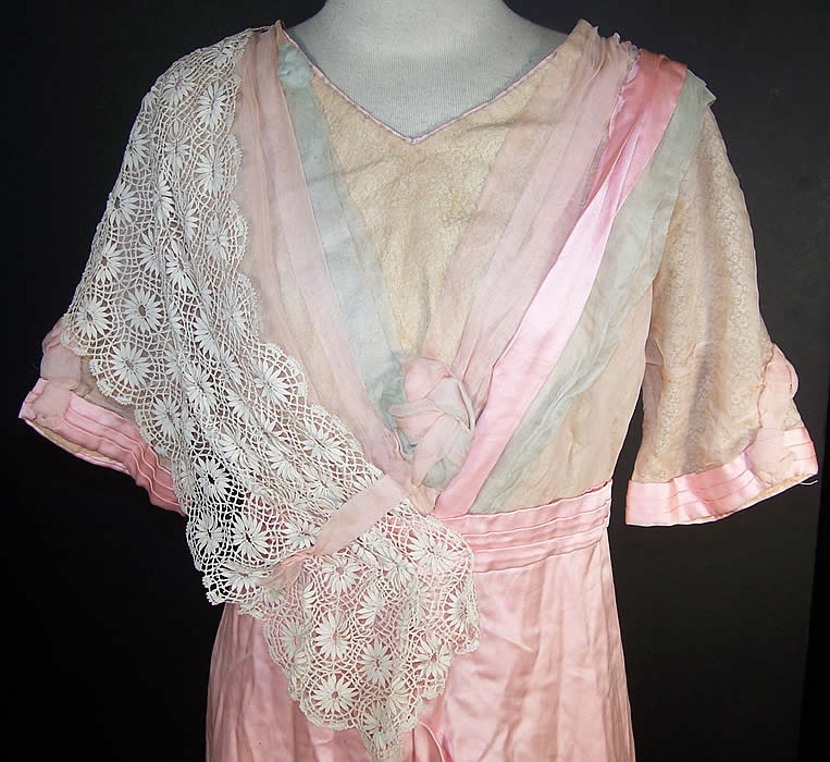 Edwardian Titanic Pink Silk Lace Train Skirt Gown Dress Front View.