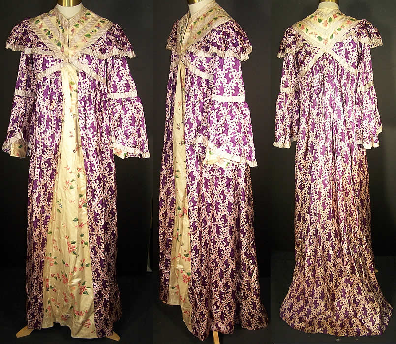 Victorian Purple Silk Print Violet Morning Robe Dress Gown  Front view.