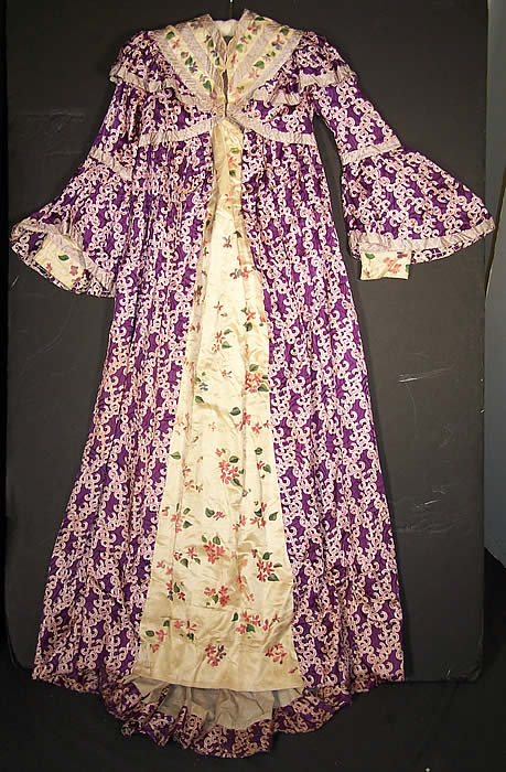 Victorian Purple Silk Print Violet Morning Robe Dress Gown front view