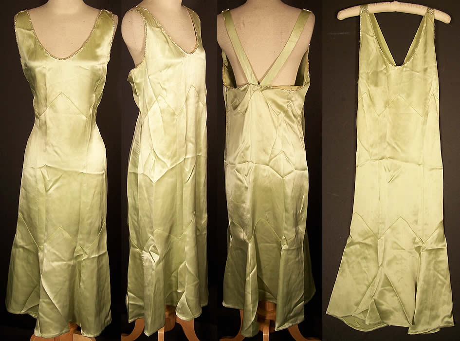 Celadon Green Silk Beaded Bias Cut Slip Dress Gown   Front view.