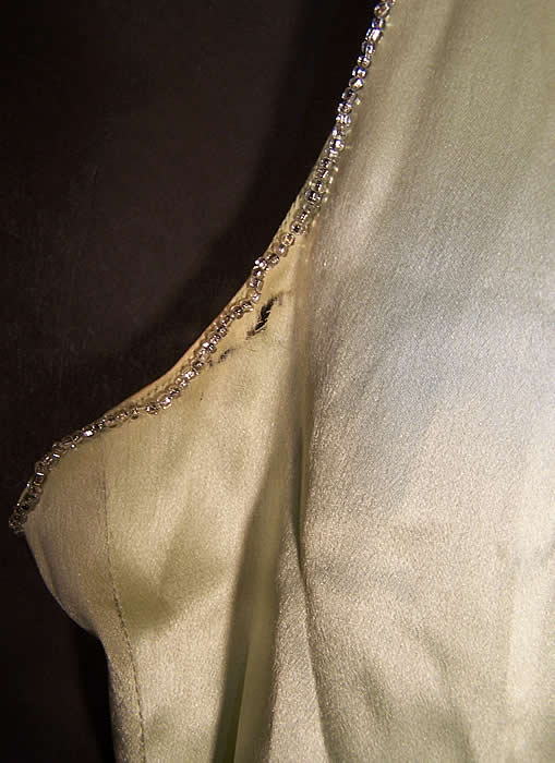 Celadon Green Silk Beaded Bias Cut Slip Dress Gown close-up side view.