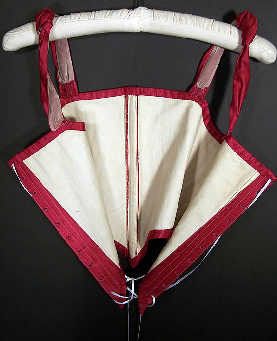 Victorian Red Silk Swiss Waist Corset Corselet Bodice inside view.