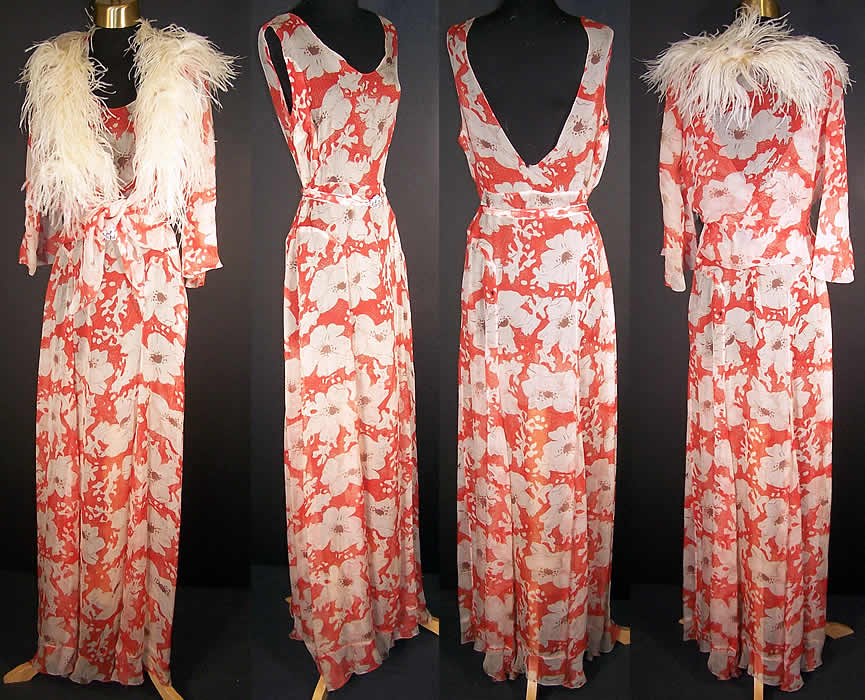 Orange Poppy Chiffon Bias Cut Dress Feather Jacket Front view.