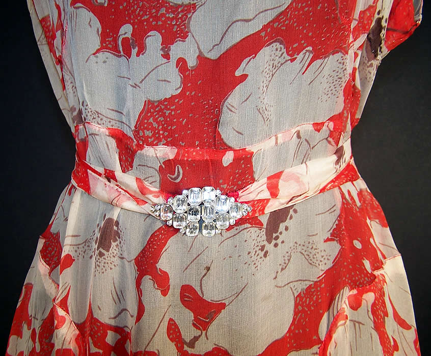Orange Poppy Chiffon Bias Cut Dress Feather Jacket close-up view.