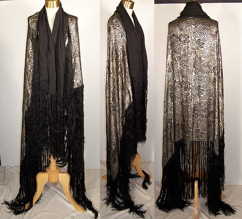 Art Deco Black Silk Silver Lamé Shawl Cloak Cape Front view.