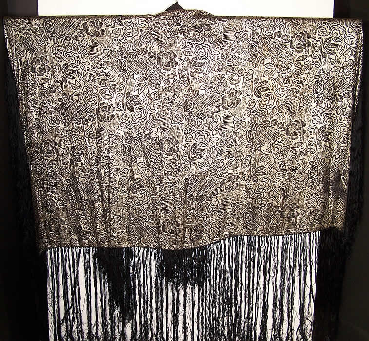 Art Deco Black Silk Silver Lam&eacute; Shawl Cloak Cape  Close up.