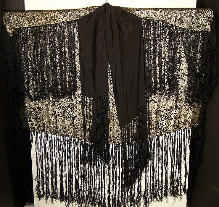 Art Deco Black Silk Silver Lam&eacute; Shawl Cloak Cape  Close up.