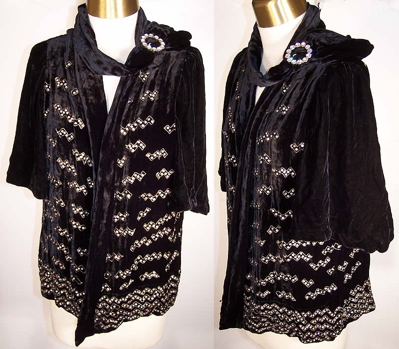 Art Deco Black Silk Velvet Rhinestone Beaded Jacket  Front view.