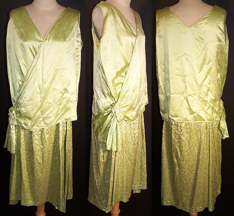 Chartreuse Green Silk Beaded Drop Waist Flapper Dress Front view.