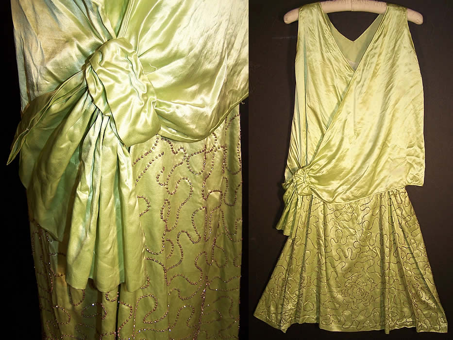 Chartreuse Green Silk Beaded Drop Waist Flapper Dress front View.