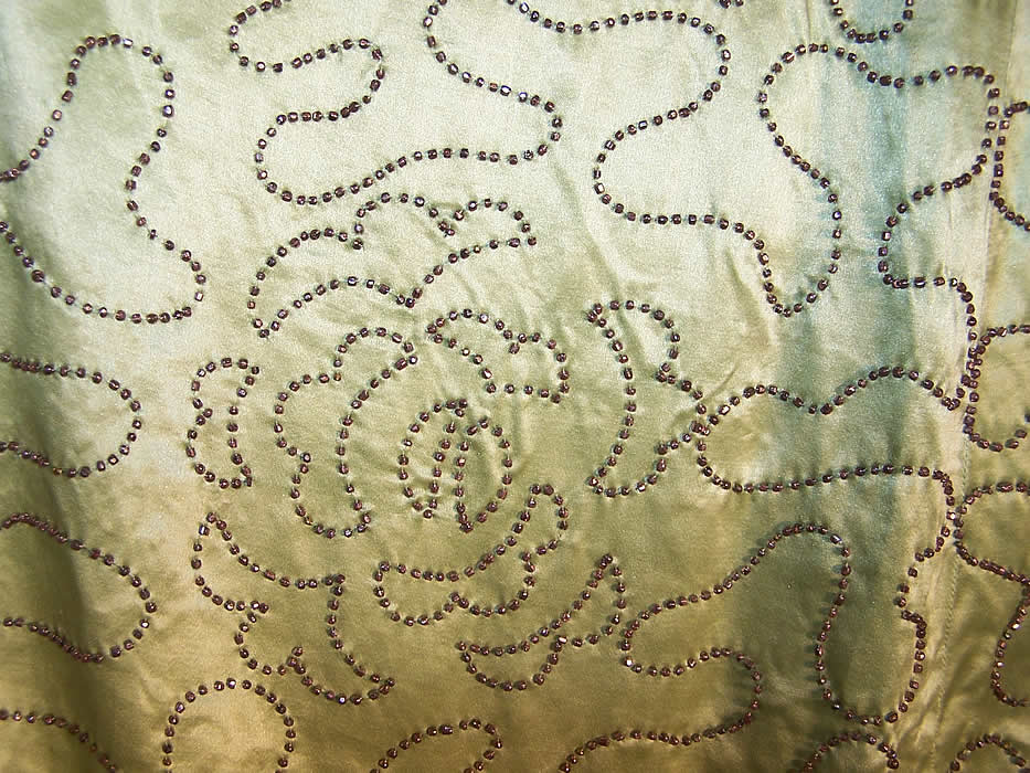 Chartreuse Green Silk Beaded Drop Waist Flapper Dress close-up view.