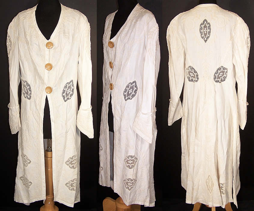 Edwardian White Linen Lace Soutache Coat Tails Jacket Front view.